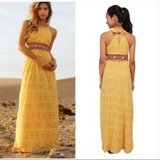 Prana Skye Marigold Sleeveless Maxi Dress Womens Medium Organic Cotton Halter