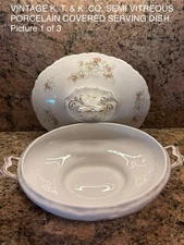 VINTAGE K. T. & K. CO. SEMI VITREOUS PORCELAIN COVERED SERVING DISH CABBAGE ROSE