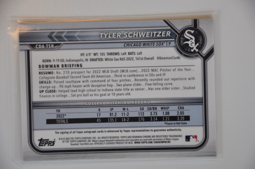 Bowman Draft 2022 Tyler Scweitzer Blue Wave Auto CDA-TSR White Sox - Photo 2/2