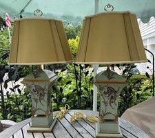 Pair Chelsea House Painted Italian Style Metal Lamps + Shades Gold Green