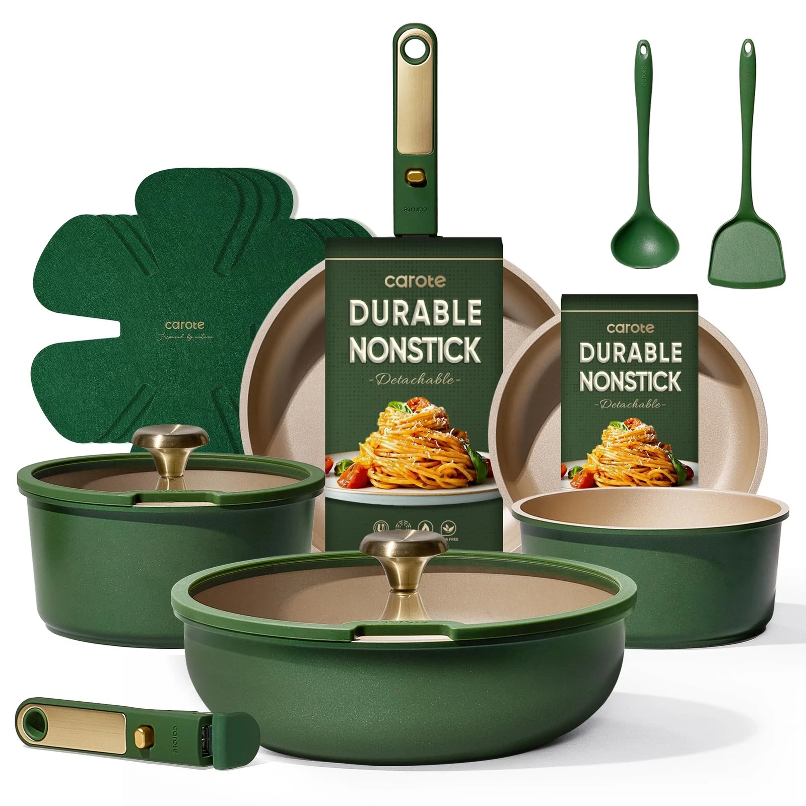 Green&Gold Nonstick Cookware Set,15Pcs Pots and Pans Set Non Stick Detachable...