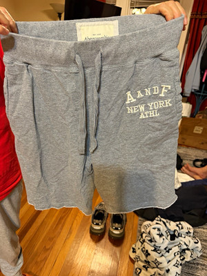Abercrombie & Fitch Men's Gray French Terry Drawstring Shorts M Logo