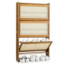 Thin Bamboo Shoe Cabinet with 3 Flip Drawers, Narrow Slim Freestanding Hidden...