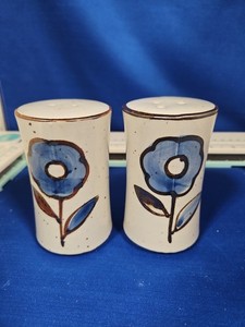 Vintage Hand Painted Blue Floral Stoneware Salt Pepper Shakers Unmarked Pair