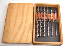Vintage Irwin Auger Bit Set 6 pcs Original Wood Storage Box 1/4"-3/4" Brace