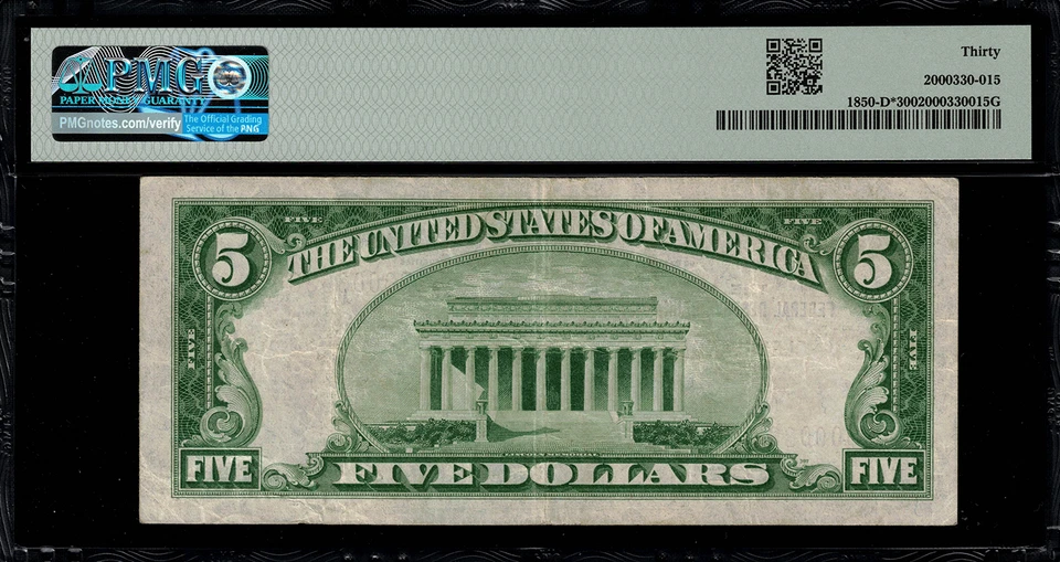1929 $5 Federal Reserve Bank Note Cleveland - Star Note - FR.1850-D* - PMG 30 - Image 2 of 2