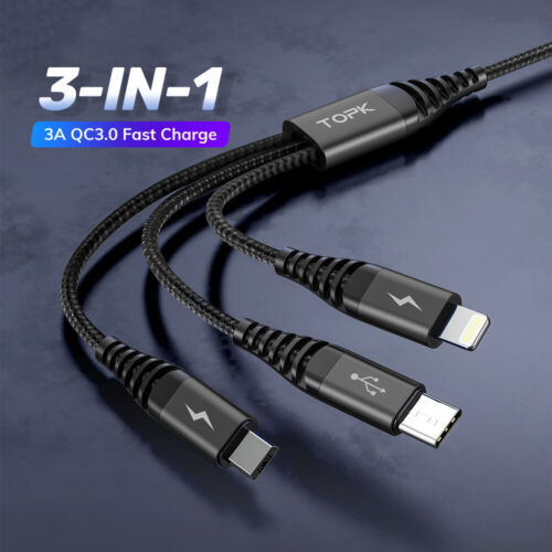 3 in 1 Fast Charging 3A USB Cable Charger Phone Type-C Micro USB iOS ALL Phones - Picture 13 of 15