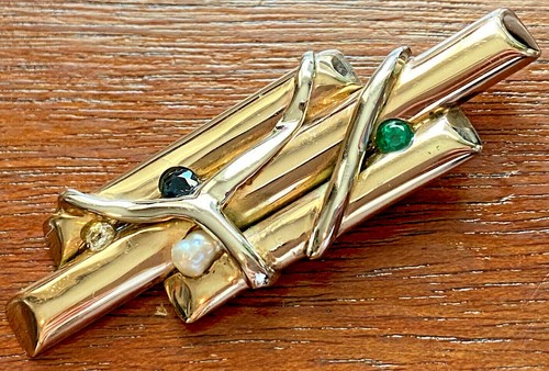 Brutalist 14k Yellow Gold Slide Necklace Pendant Diamond Emerald Sapphire Pearl - Picture 2 of 10