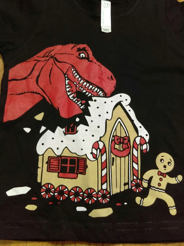 Camiseta 2 Pieles de Conejo Dinosaurio Negro Comer Pan de Jengibre Hombre Casa Niños Pequeños Foto 2 de 4