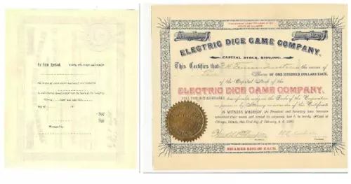 1893 Scripophily Elecrtric Dice Game Company $100