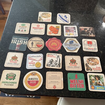 VTG German/European Beer Coaster/Mat Lot (22 Total) - Amstel , Henninger, Perle
