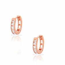Sterling Silver Rose Gold-Tone Baguette Crystals CZ Small Hoop Huggie Earrings