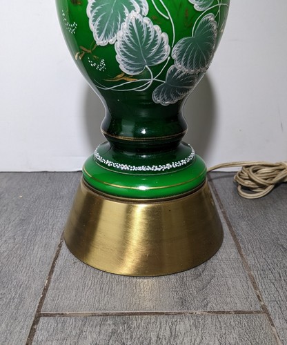 Vintage Boudoir Bohemian Hand Painted Ruffled Green Glass Brass Table Lamp - Picture 3 of 12