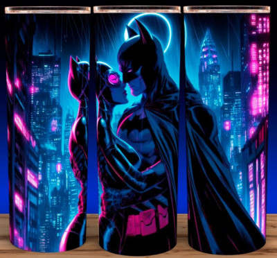 Batman and Catwoman Neon Gotham City Cup Mug Tumbler 20oz with lid and straw