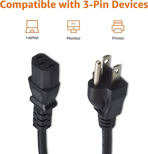 3 Prong AC Power Cord Cable US Plug for Laptop PC Desktop Monitor Printer - Picture 2 of 5