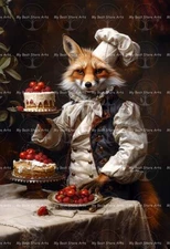 FOX CHEF KITCHEN ART PRINT, Cottagecore Decor, Red Fox Fruit Cake Poster D688