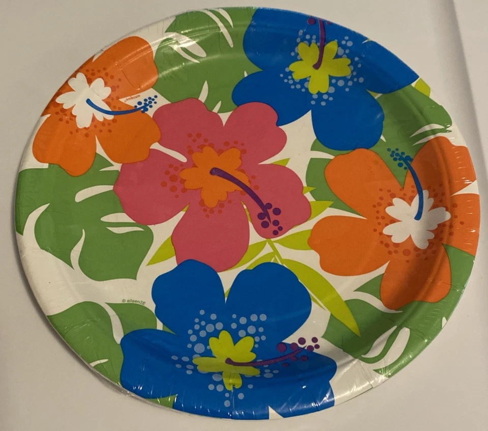 "Platos de papel florales de hibisco de 9"" para fiesta paquete de 8 quilates Aloha Luau verano colorido EE. UU. Foto 2 de 4