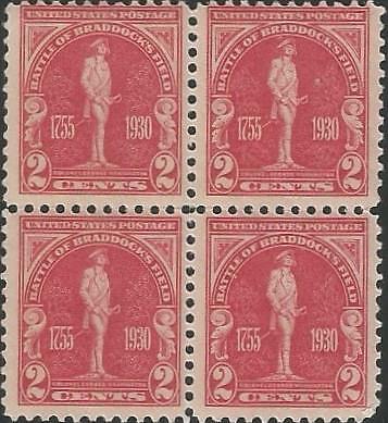 Block of 4 stamps - Scott 688 - 2 cent - Battle of Braddock's Field - 1930 - LH - Picture 1 of 1
