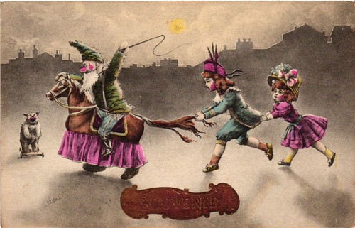 Gnomes, Gnome on a Toy Horse with Children, Funny Vintage Postcard