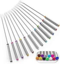 Set of 12 Stainless Steel Fondue Forks 9.5", Color Coded Cheese Fondue Forks 