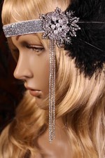 Black Feather Gatsby Flapper Headband with Glitter Pearl and Rhinestones Fringe