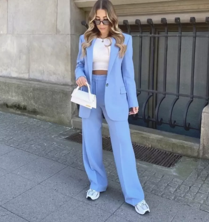 ZARA WOMEN NWT Mid Rise WIDE LEG PANTS WITH DARTS SKY BLUE 2731 043 XS S