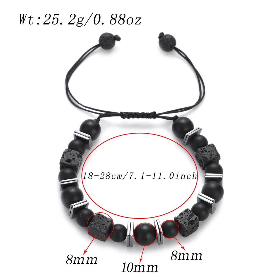 Men's Square Lava Stone Bracelet Natural Round Pendant Handmade Couple Bracelets - Image 3 of 4
