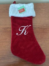 MONOGRAM INITIAL   K  CHRISTMAS STOCKING LARGE FLUFFY  RED  WHITE TRIM 20  NWT