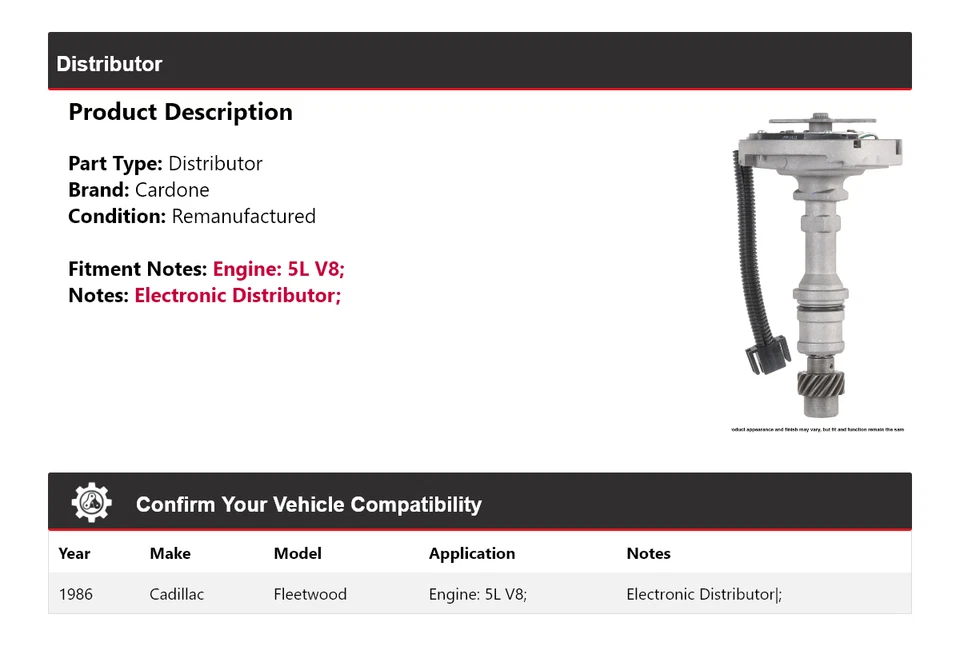 Para 1986 Cadillac Fleetwood 5L V8 distribuidor Cardone - Imagem 2 de 4