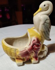 Vintage Art Pottery Nursery Planter Stork With Bassinet