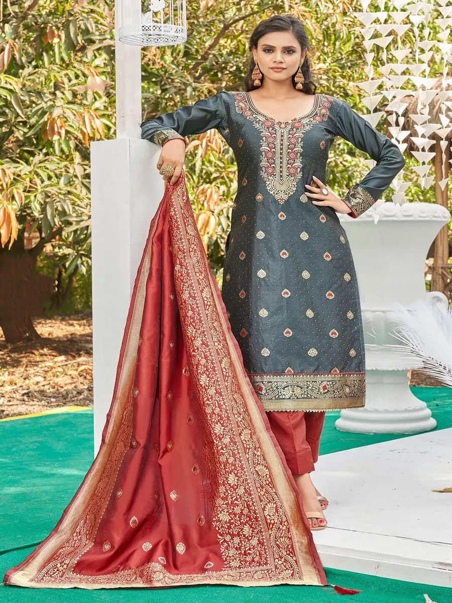 Semi Stitched Poly Silk Salwar Suit Material Embroidered Price in India,  Full Specifications & Offers | DTashion.com