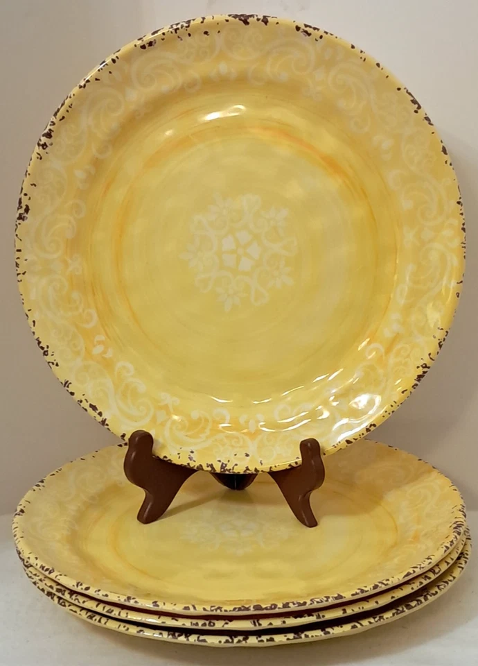 LOTE DE 4 PLATOS DE ALMUERZO MEDALLÓN RÚSTICO AMARILLO CYNTHIA ROWLEY 9" MELAMINA NUEVO Foto 4 de 4