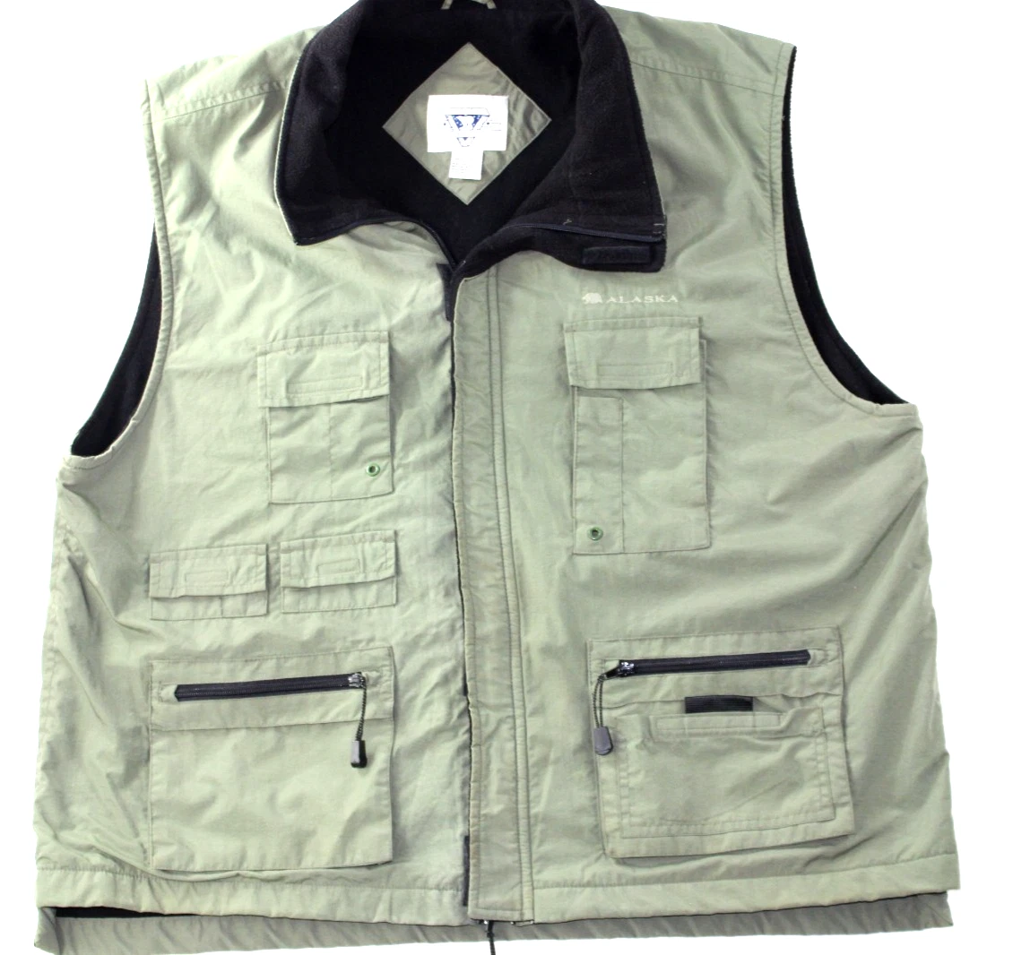 Vtg Arctic Image Men XL Green Nylon Vest Zip Polyester Lined Pockets Hook/Loop