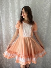 Vintage Handmade Peach Floral Prairie Dress Eyelet Lace Cottagecore
