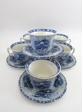 Mottahedeh Torquay Blue & White Seashell Cups & Saucers Set of 6  England