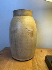 Salt Glazed Stoneware Crock Jar 9.5” Hand Thrown Primitive Pottery Brown Inside