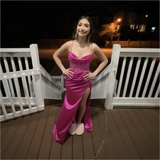 Women's Pink Satin Long Gown Sweetheart Neck Side Slit Straps Formal Dress