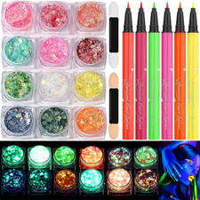 Glow in the Dark Glitter Gel with UV Neon Liquid Eyeliner Pen Set for Body Face