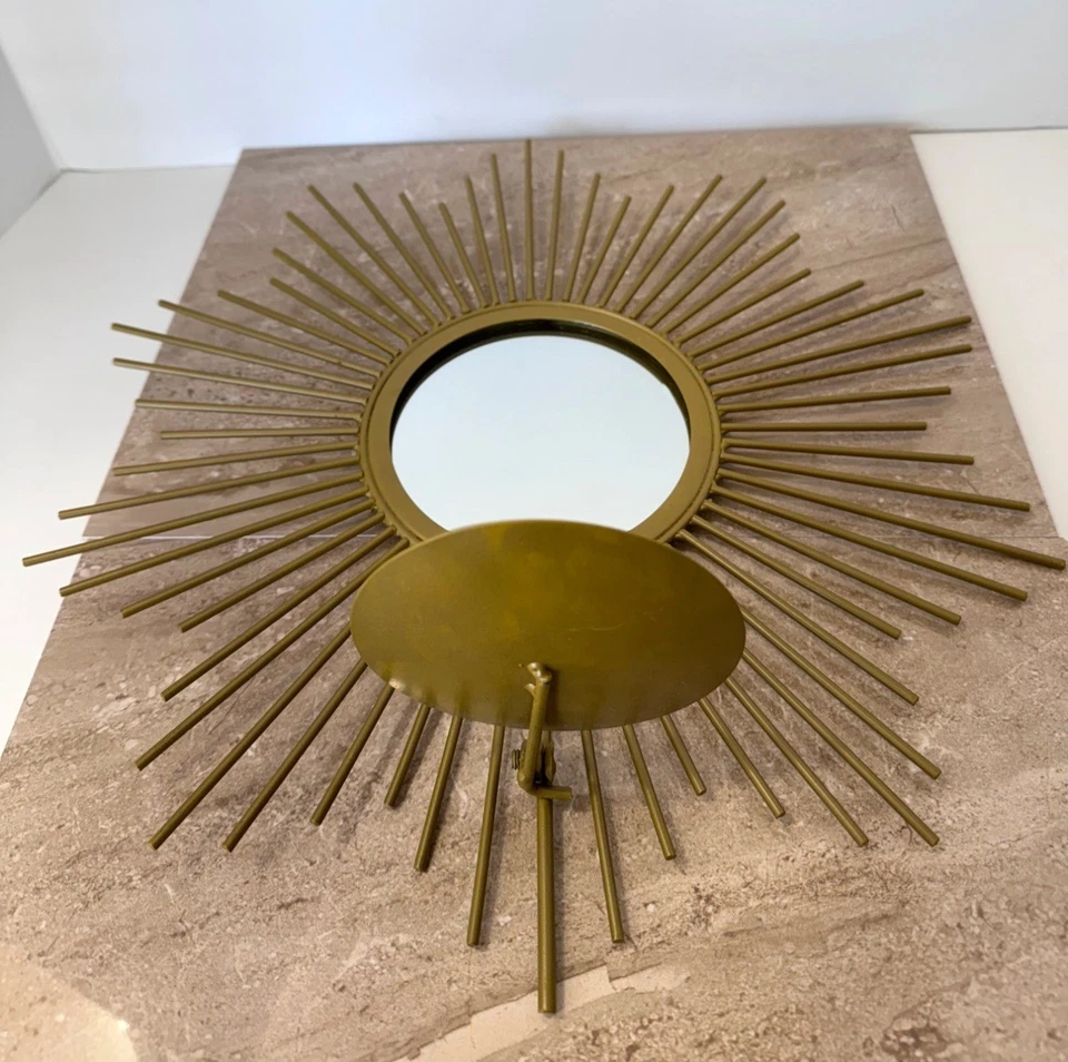 Large Sunburst Mirror with Fold Up Candle Holder 14" Golden Metal MCM Decor - Image 2 of 4