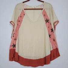 Umgee mixed print short sleeve oversized top size XL stars contrast hem boho