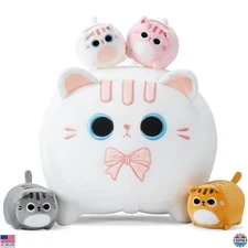 16" White Cat Plush Family Set - 5 PCS with Mommy Cat & 4 Kittens - Kawaii Toys