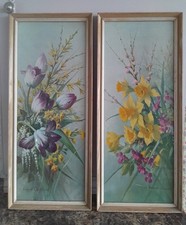 Pair Of Vernon Ward Prints Spring Flower Sprays Mid Century Framed & Signed