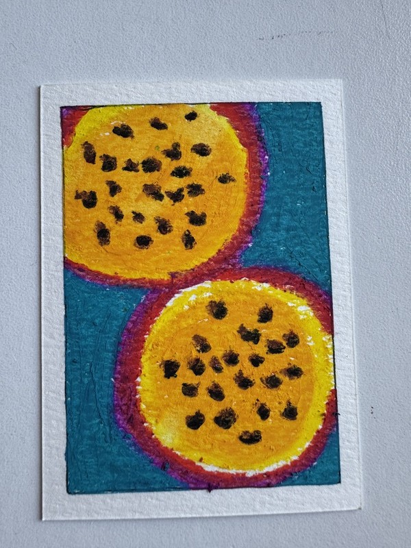 ACEO Abstract Original, "Passion Fruit", oil pastel on Paper, 2.5x3.5 by Kushimi