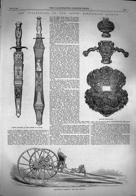 Alter antiker Druck 1869 Kensington Museum Calesso Dolche Schwert-Griff Ebenholz 19.