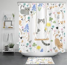 Spring Plant Blue Wildflower Funny Cat Shower Curtain Bathroom Accessories Set