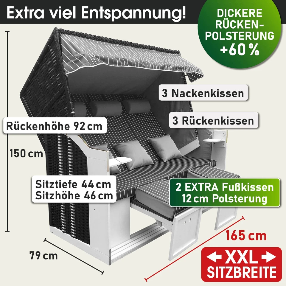 BRAST® Strandkorb Usedom 3-Sitzer XXL für 2-3 Personen | 165cm breit - Bild 2 von 4