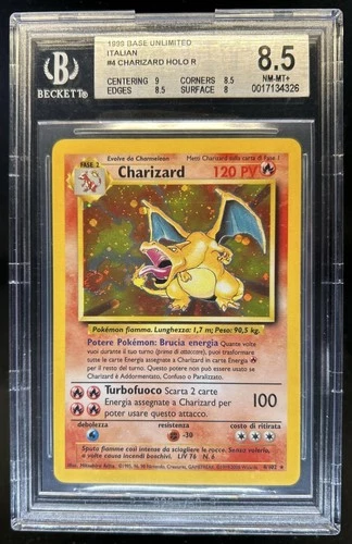 1999 Pokemon Base Unlimited Italian Charizard Holo Rare #4 BGS 8.5 NM-MT+