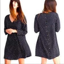 Madewell Silk Black Star Print V-neck Long Sleeve Shift Dress Women's size M