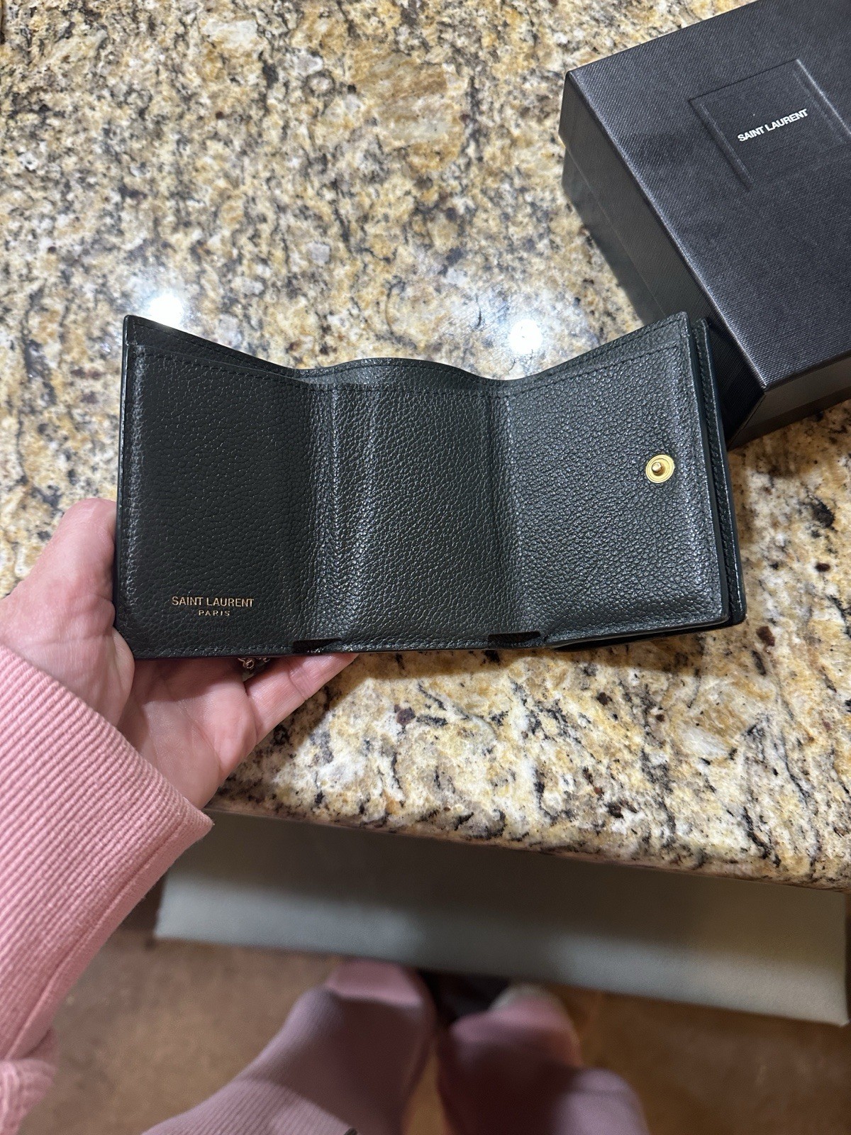 YSL Saint Laurent Dark Green Or Black Compact Wallet with Box - Coin Holder