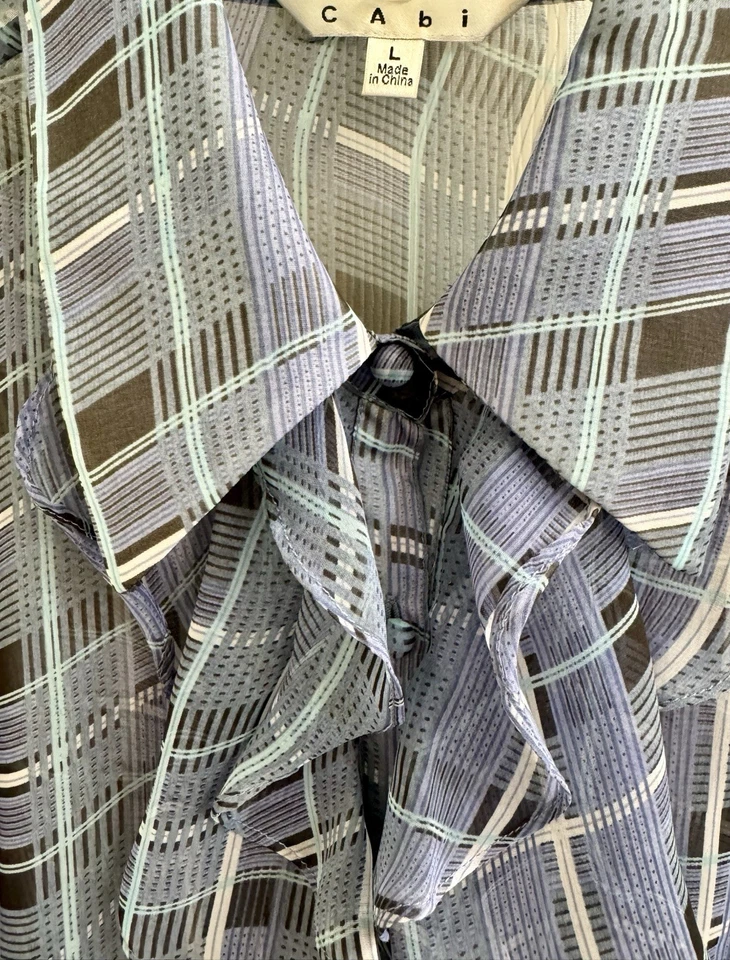 CAbi Size(L) Penelope Blouse Blue Plaid Ruffle Sheer Bell Sleeves Pleating NWOT - Image 3 of 4